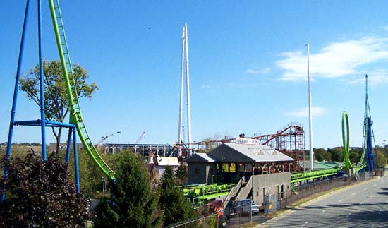 The Greezed Lightnin' rollercoaster during Frightfest at Six Flags Kentucky Kingdom, Louisville, KY