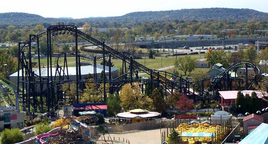 The T2:  Terror To The Second Power Rollercoaster during Frightfest at Six Flags Kentucky Kingdom, Louisville, KY