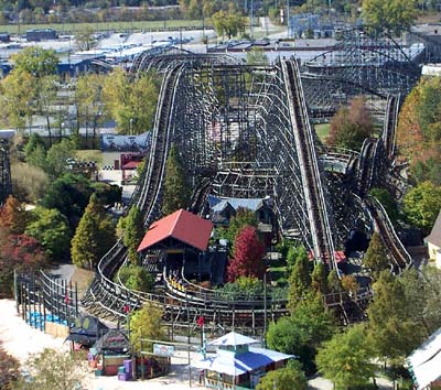 The Thunder Run Rollercoaster during Frightfest at Six Flags Kentucky Kingdom, Louisville, KY