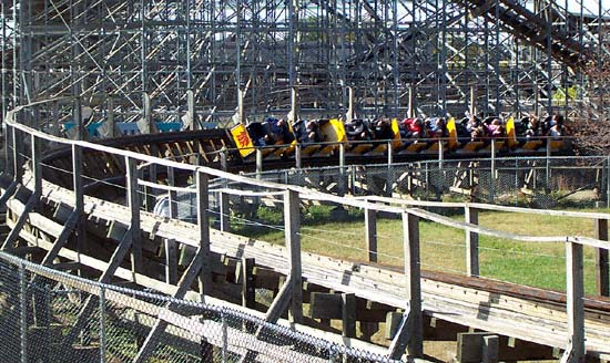 The Thunder Run Rollercoaster during Frightfest at Six Flags Kentucky Kingdom, Louisville, KY
