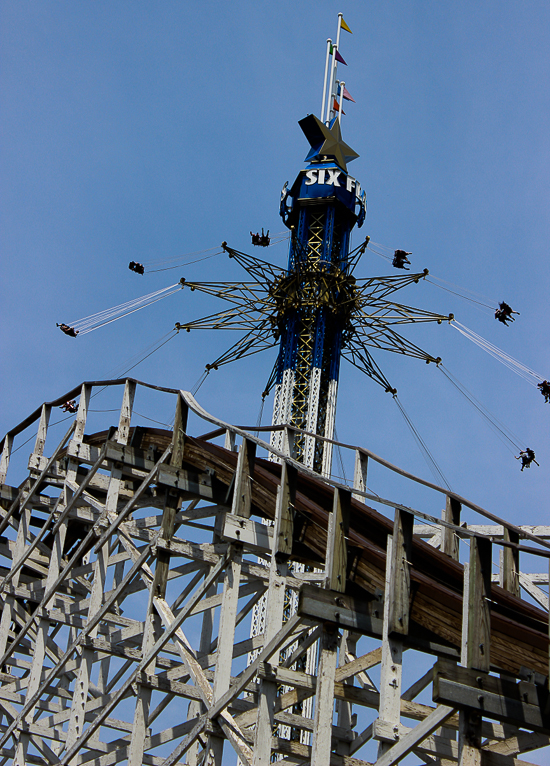 The Cyclone roller coaster and New England Sky Screamer at Six Flags New England, Agawam, Massachusetts