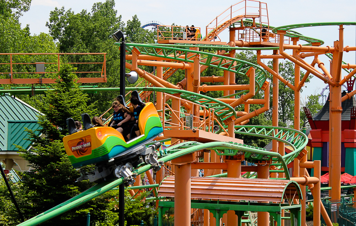 The Cyclone Pandemonium roller coaster and New England Sky Screamer at Six Flags New England, Agawam, Massachusetts