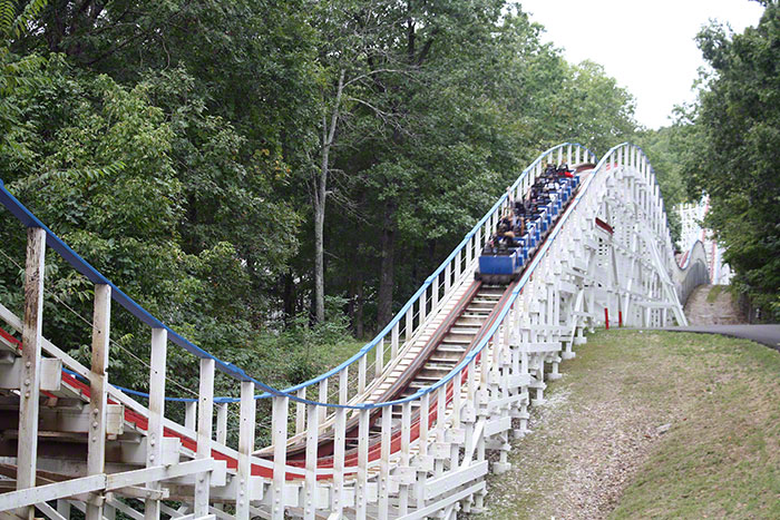 The Screaming Eagle Roller Coaster walk back during the Daredevil Daze Enthusiast Event at Six Flags St. Louis, Eureka, Missouri