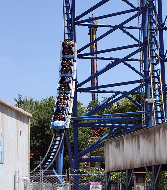 The Mr. Freeze Reverse Blast Roller Coaster at Six Flags St. Louis, Eureka, Missouri