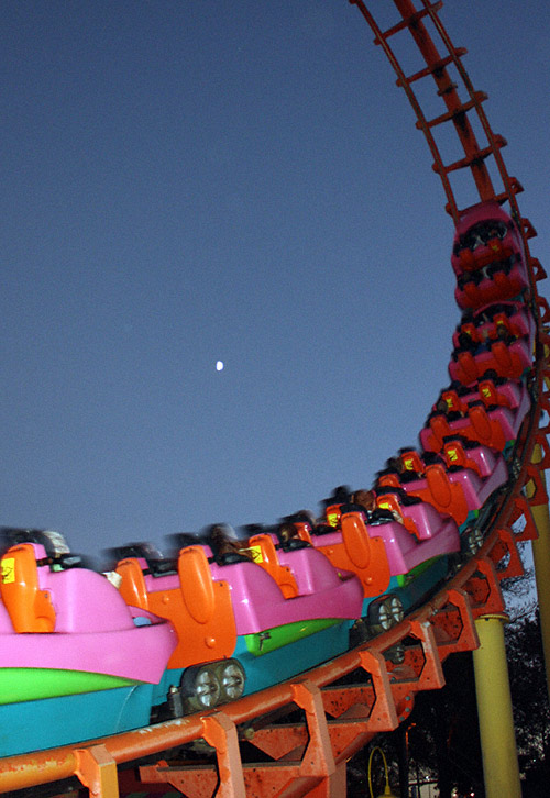 The Boomerang Roller Coaster during Halloween Haunt at Worlds of Fun, Kansas City, Missouri